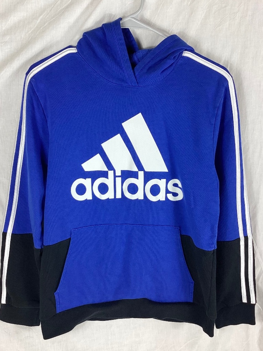 Adidas Boys Pullover Hooded Sweatshirt Size Large 14/16 Blue Black White Logo